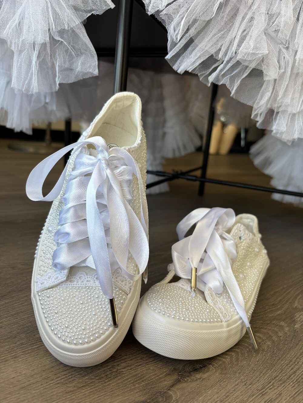 Women's Ballerina White Embellished Satin Lace-Up Sneakers